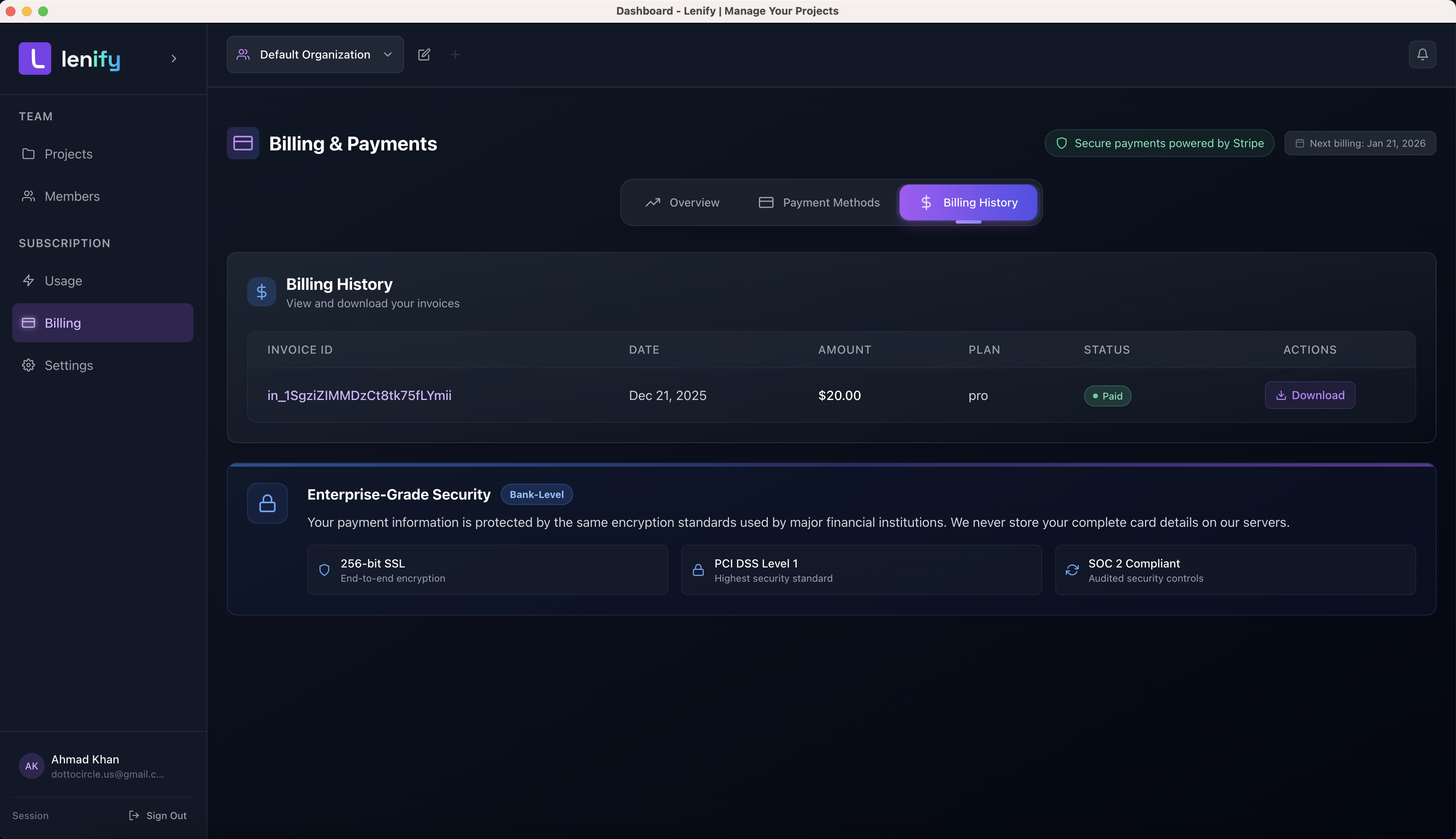 Billing History Table
