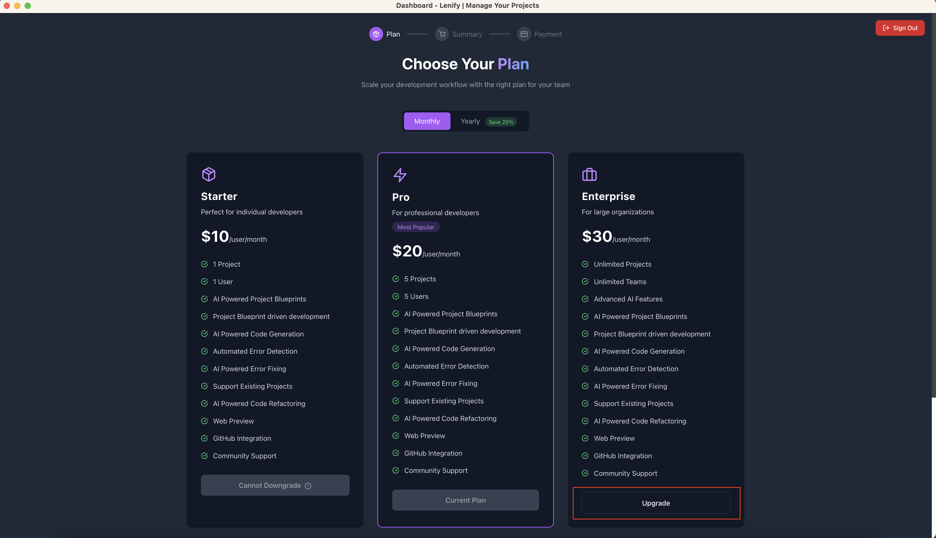 Plan Upgrade Selection