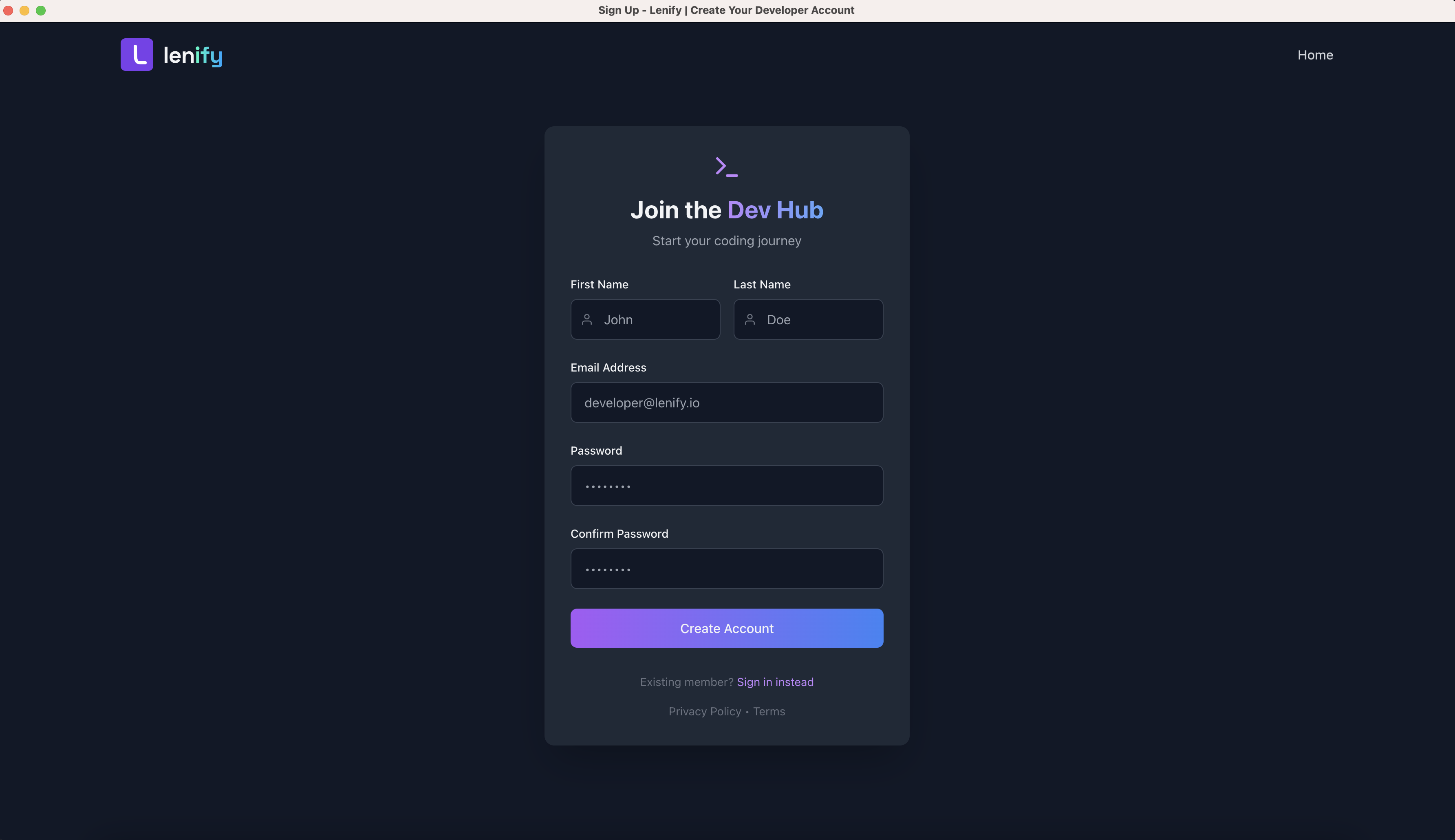 Lenify Sign-Up Interface